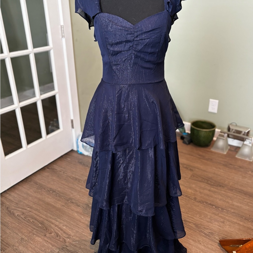 Francesca's Navy Blue Ruffle Layered Sweetheart Neck Long Gown Zip Solid